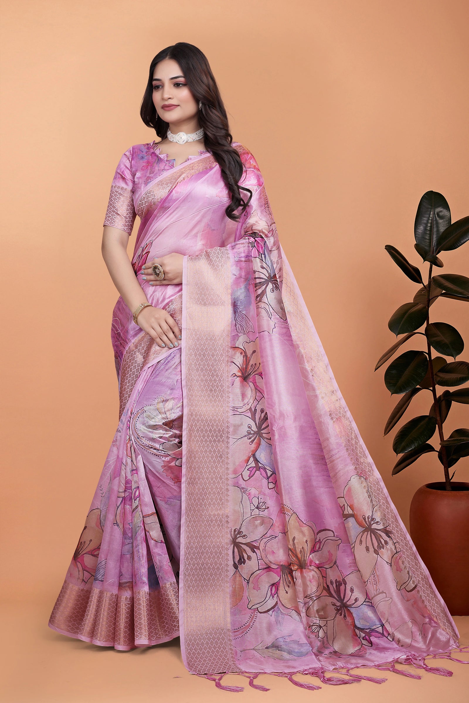 Pink Zari Weaving Premium Crystal Saree Hero Front View | Kalyanja KS369