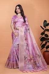 Pink Zari Weaving Premium Crystal Saree Hero Front View | Kalyanja KS369