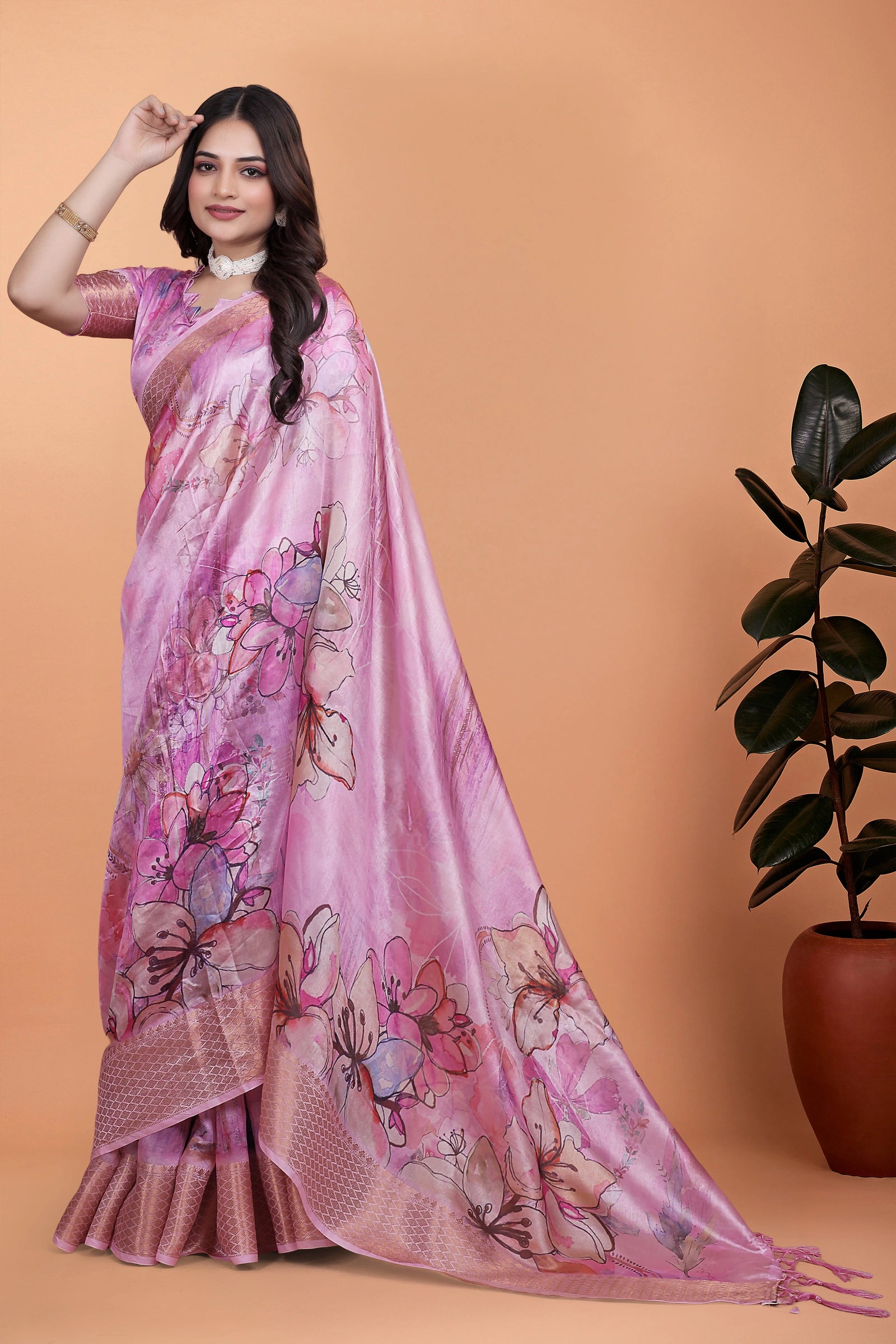 Pink Zari Weaving Saree Full Front Watercolor Floral Print | Kalyanja KS369