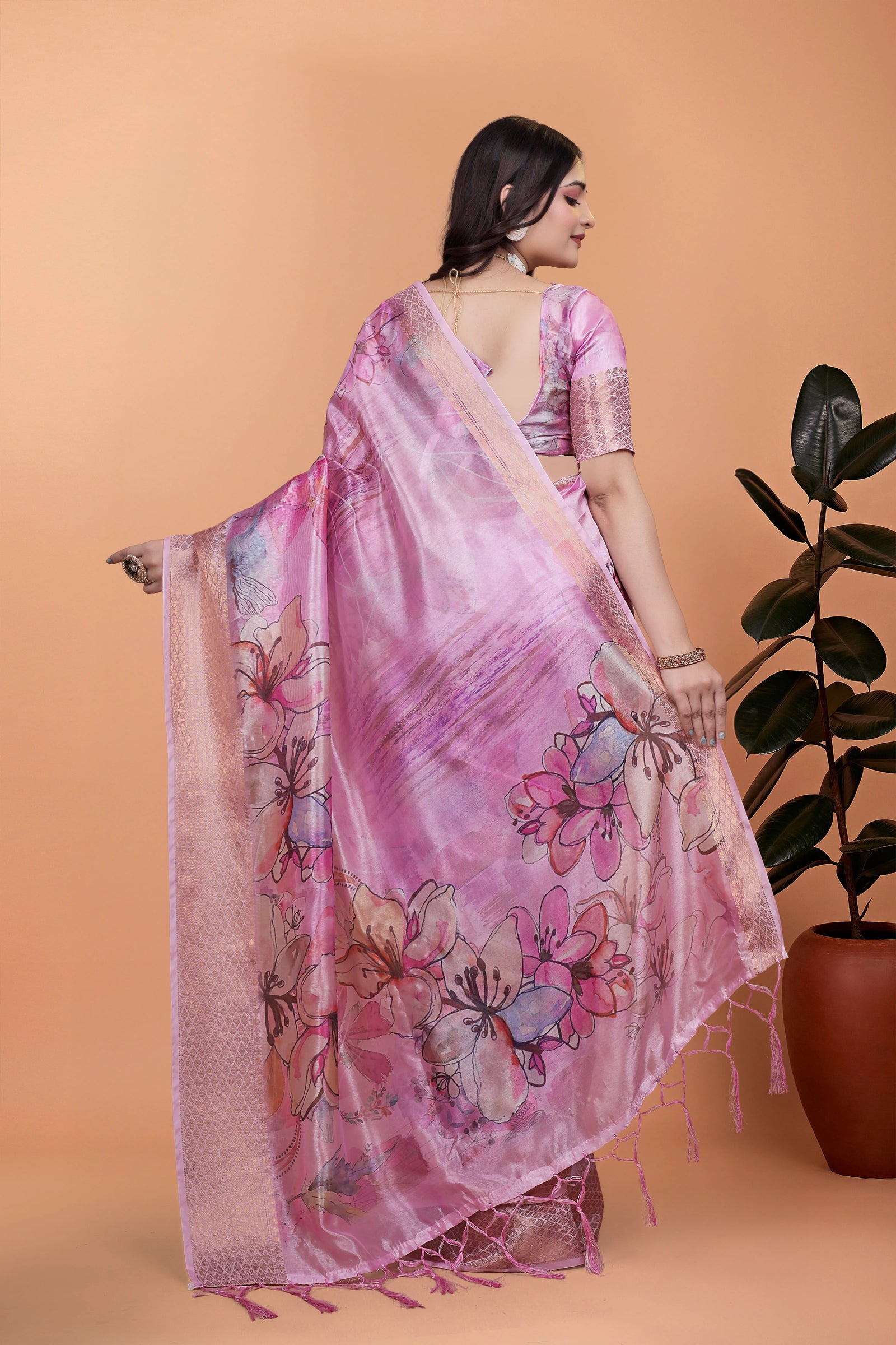 Pink Premium Crystal Saree Three-Quarter View | Kalyanja KS369
