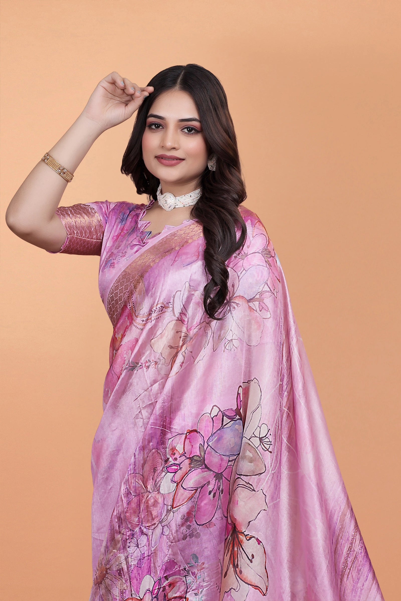 Pink Zari Weaving Saree Floral Printed Pallu Close-Up | Kalyanja KS369