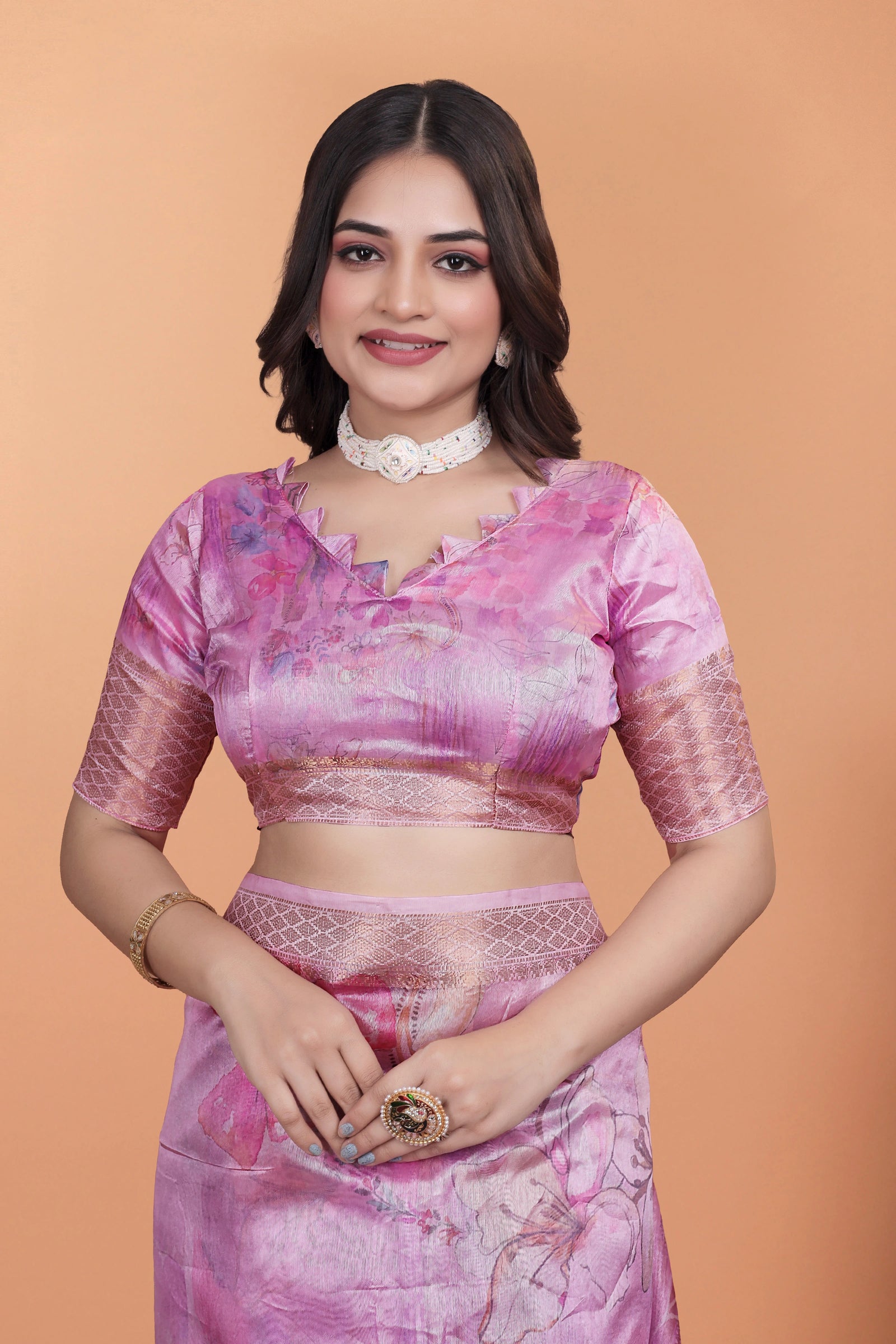 Pink Zari Weaving Saree Blouse Floral Print Close-Up | Kalyanja KS369