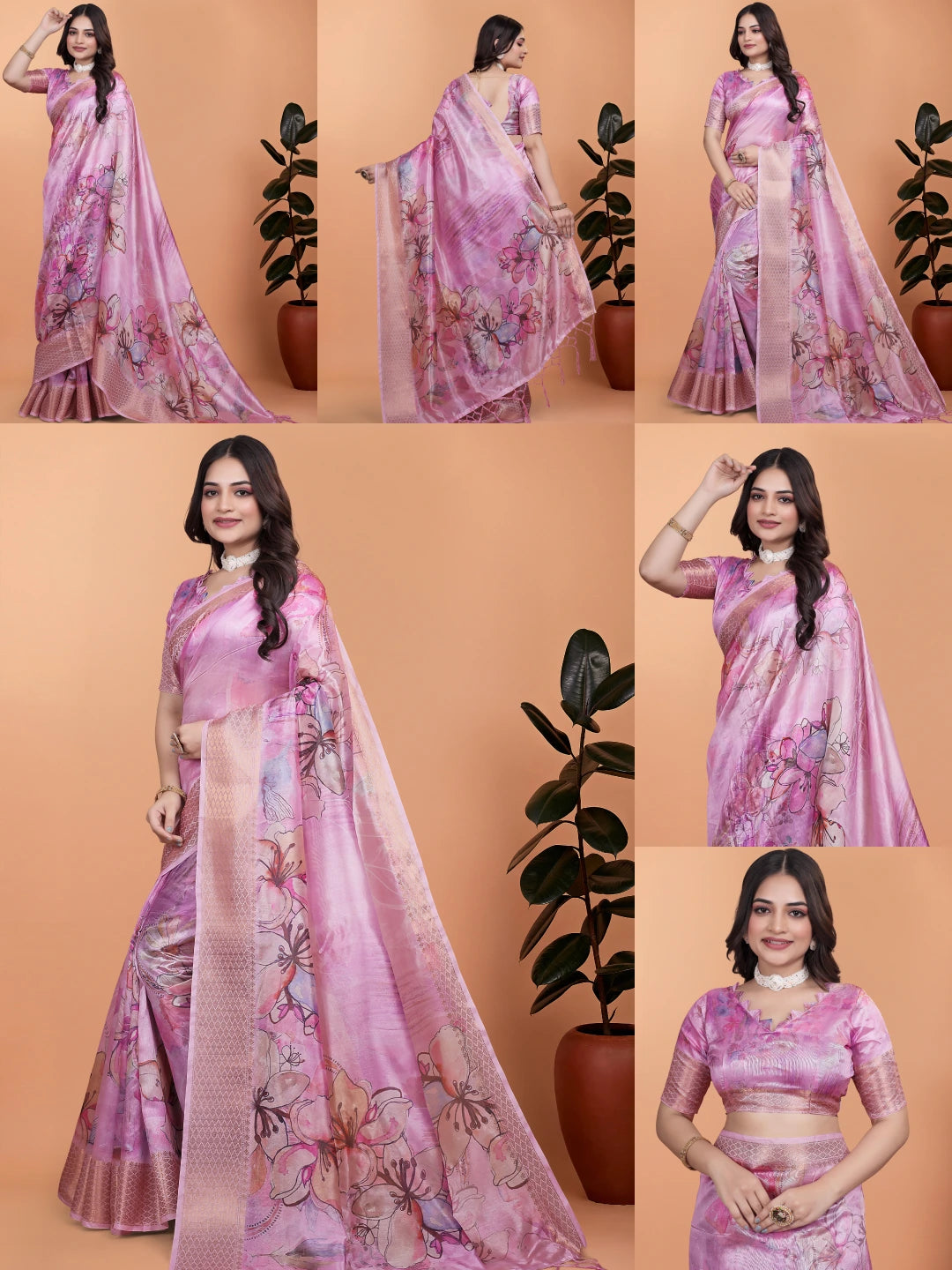 Pink Zari Weaving Premium Crystal Saree Collage All Views | Kalyanja KS369