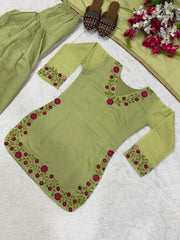Pista Green Multi Needle Work Suit flat lay angled full set with flowers – Kalyanja KU281