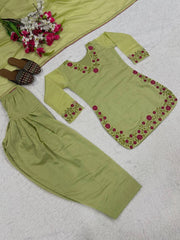 Pista Green Embroidered Suit flat lay complete set Farshi Shalwar dupatta – Kalyanja KU281