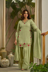 Pista Green Embroidered Suit full length front pose Farshi Shalwar clean composition – Kalyanja KU281