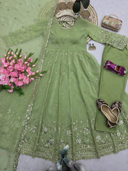 Pista Green Sequins Embroidered Suit Front View – Crunchy Silk Blend | Kalyanja KU309