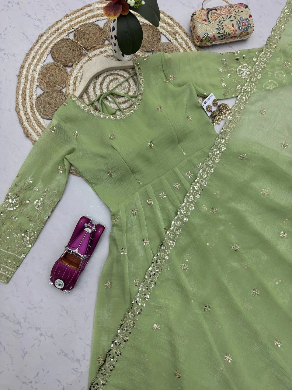 Pista Green Sequins Embroidered Suit 3/4 Angle View