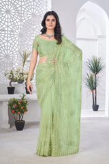 Pista Green Thread Embroidered Saree | Tissue Net | KS389 | Kalyanja
