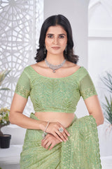 Pista Green Thread Embroidered Saree Side View | Tissue Net | KS389 | Kalyanja