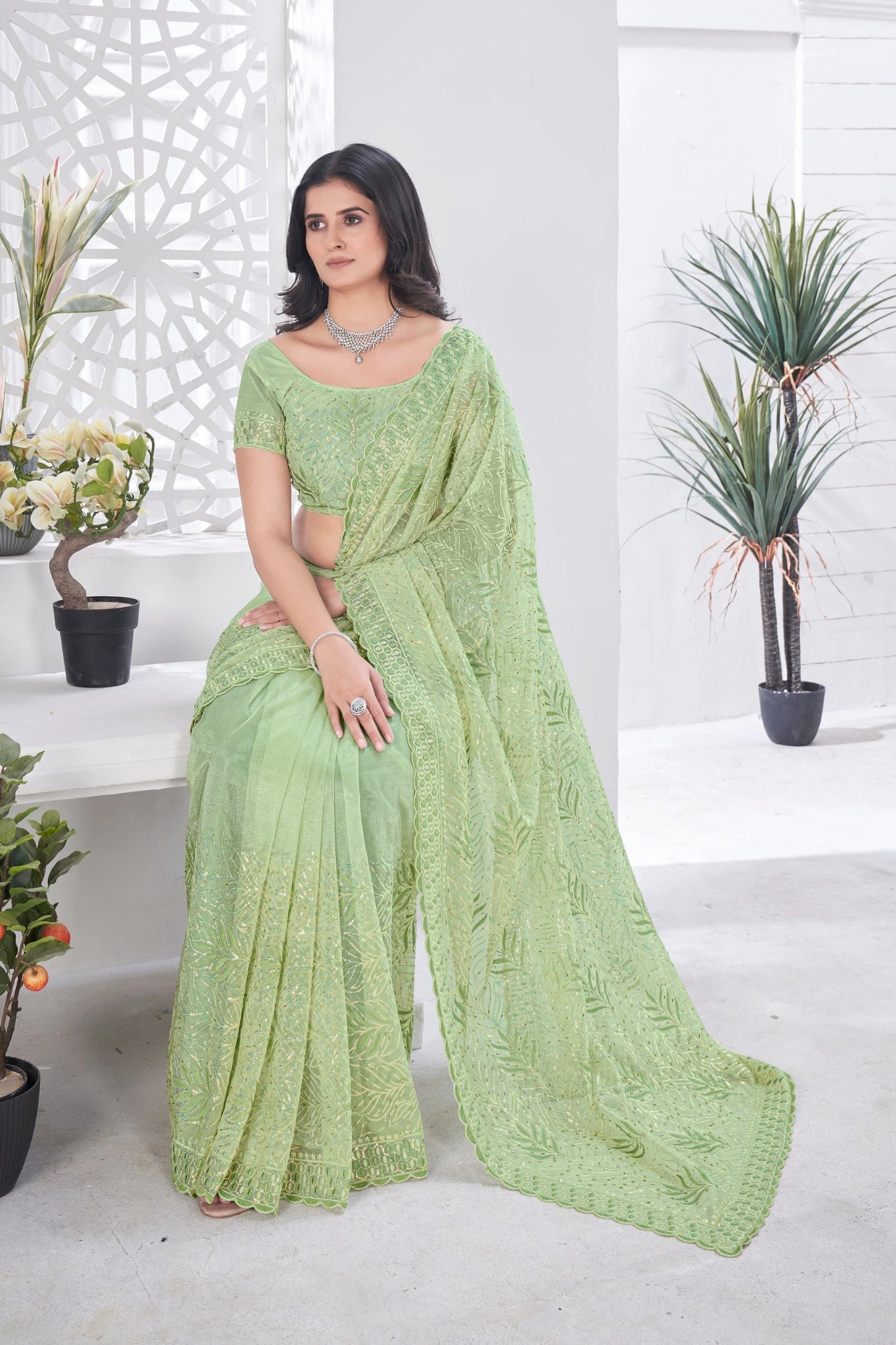 Pista Green Thread Embroidered Saree Party Wear | Tissue Net | KS389 | Kalyanja