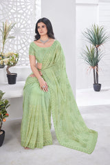 Pista Green Thread Embroidered Saree Party Wear | Tissue Net | KS389 | Kalyanja