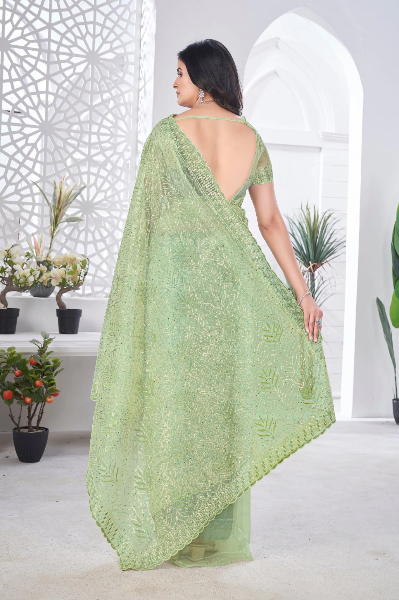 Pista Green Thread Embroidered Saree Back View | Tissue Net | KS389 | Kalyanja