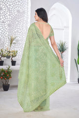 Pista Green Thread Embroidered Saree Back View | Tissue Net | KS389 | Kalyanja
