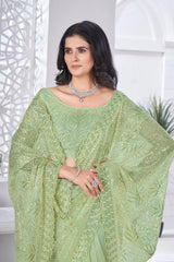 Pista Green Thread Embroidered Saree Detail | Tissue Net | KS389 | Kalyanja