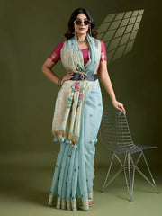 Blue Resham & Zari Weaving Soft Muga Cotton Saree