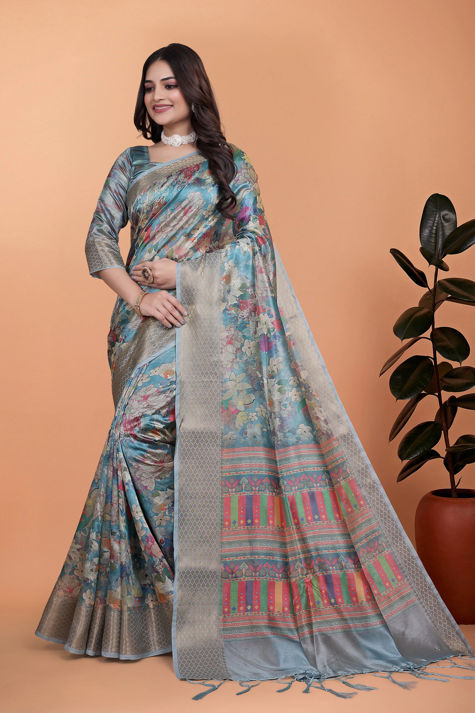 Powder Blue Zari Weaving Saree full front drape – Premium Crystal | Kalyanja KS363