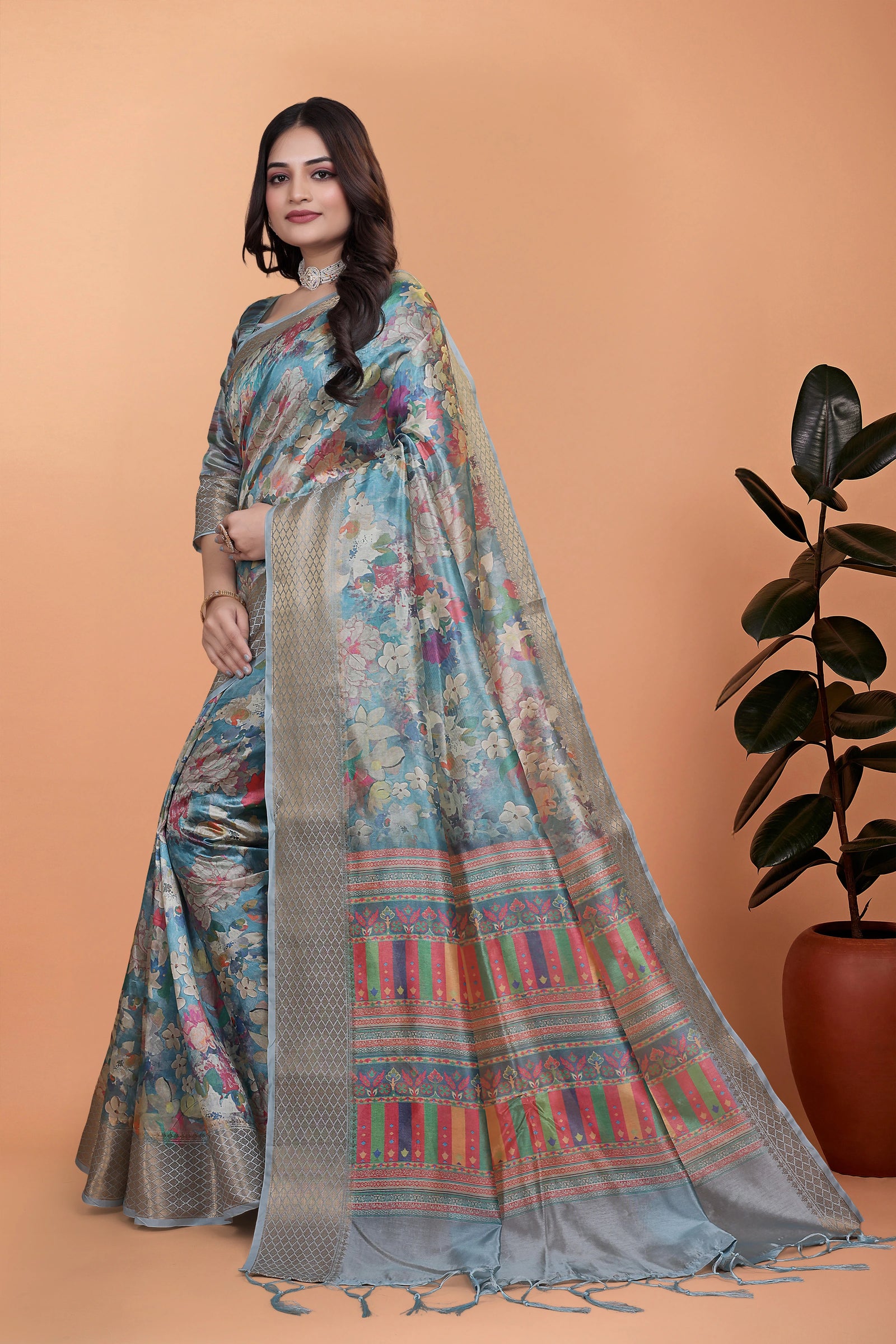 Powder Blue Zari Weaving Saree front view with floral print – Kalyanja KS363
