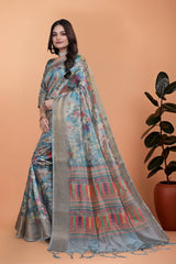 Powder Blue Zari Weaving Saree front view with floral print – Kalyanja KS363