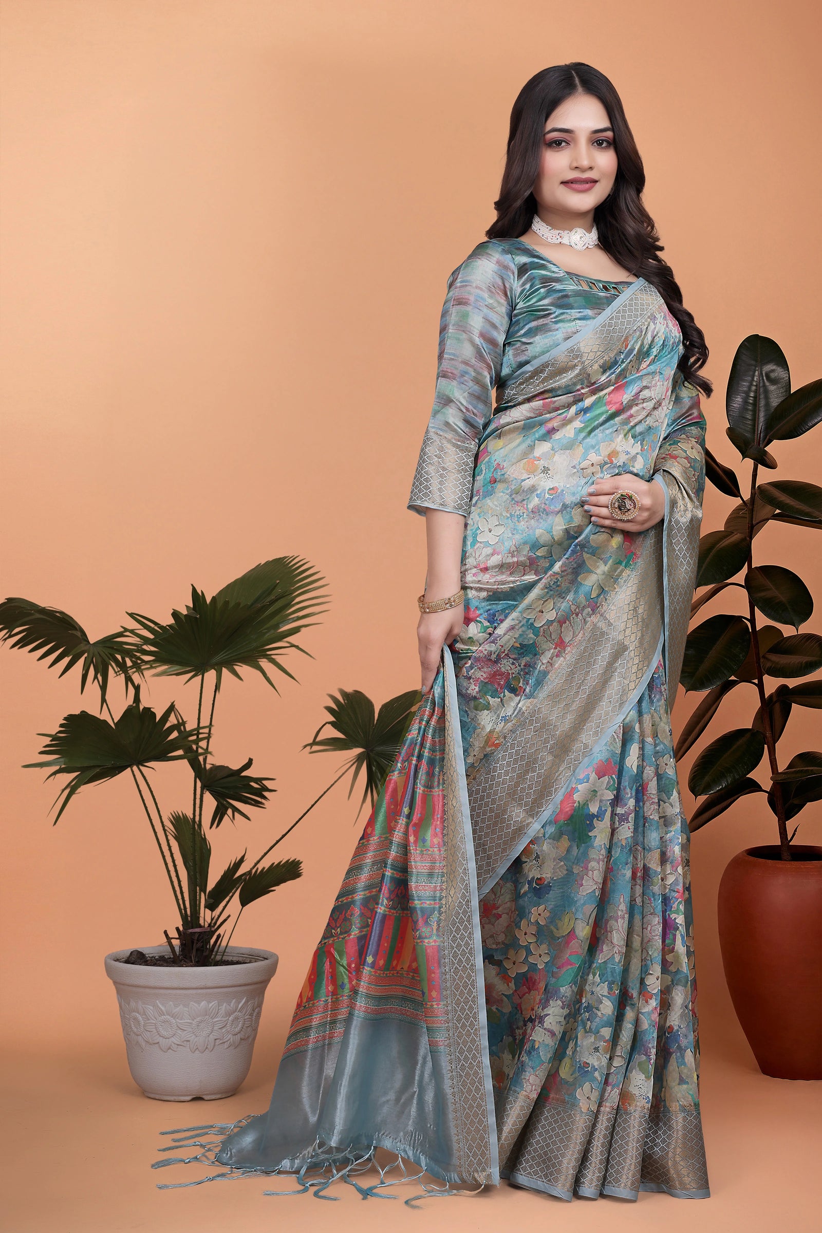 Powder Blue Zari Weaving Saree full drape showing zari border – Kalyanja KS363