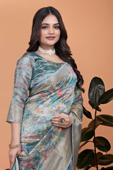 Powder Blue Zari Weaving Saree upper body close-up – Kalyanja KS363