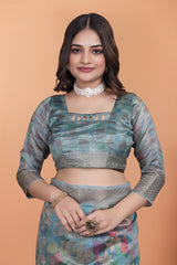 Powder Blue Zari Weaving Saree blouse detail Premium Crystal – Kalyanja KS363