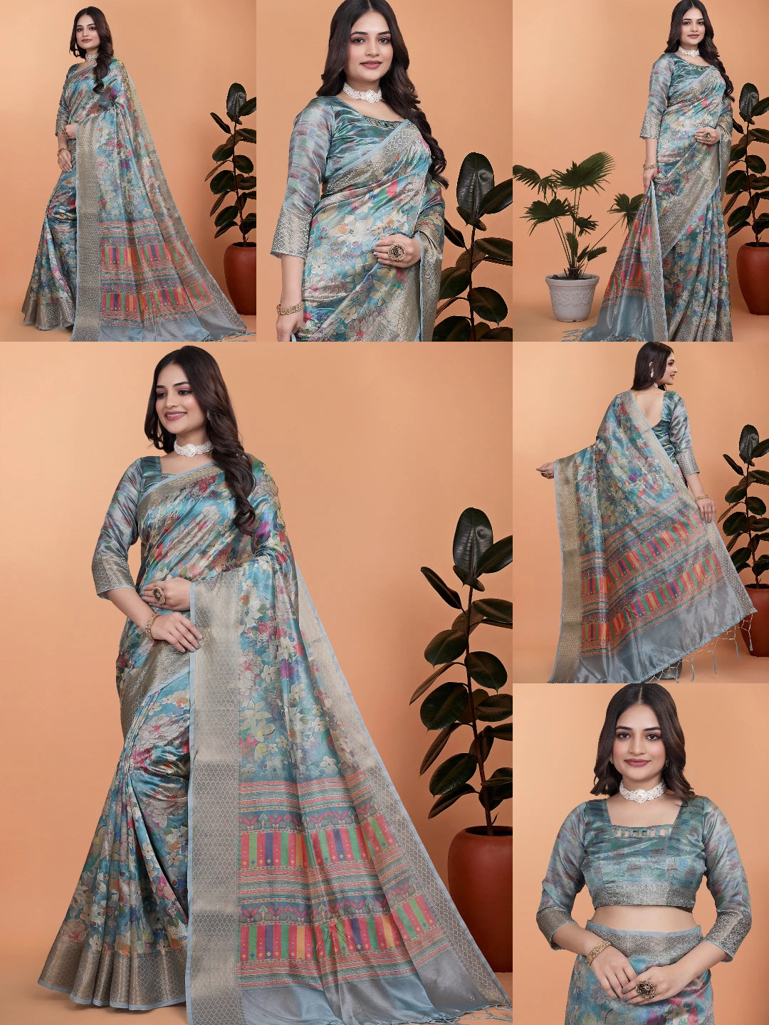 Powder Blue Zari Weaving Saree collage – Kalyanja KS363