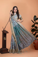 Powder Blue Premium Crystal Saree with Contrast Teal Pallu Kalyanja KS381