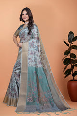Blue Zari Weaving Saree Full Front View with Plant Kalyanja KS381