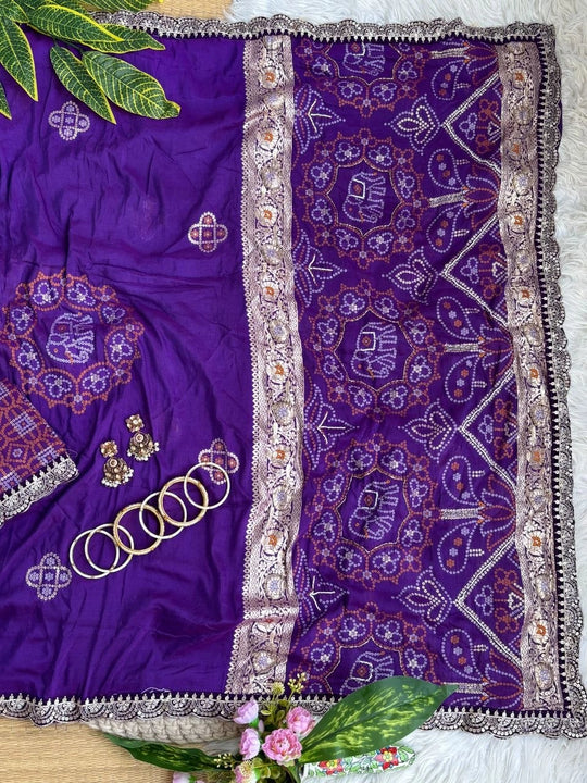 Purple bandhani print with weaving saree full spread with zari strip and printed pallu – Kalyanja KS408