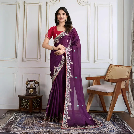 Purple Embroidery with Piping Border Work Star Georgette Saree