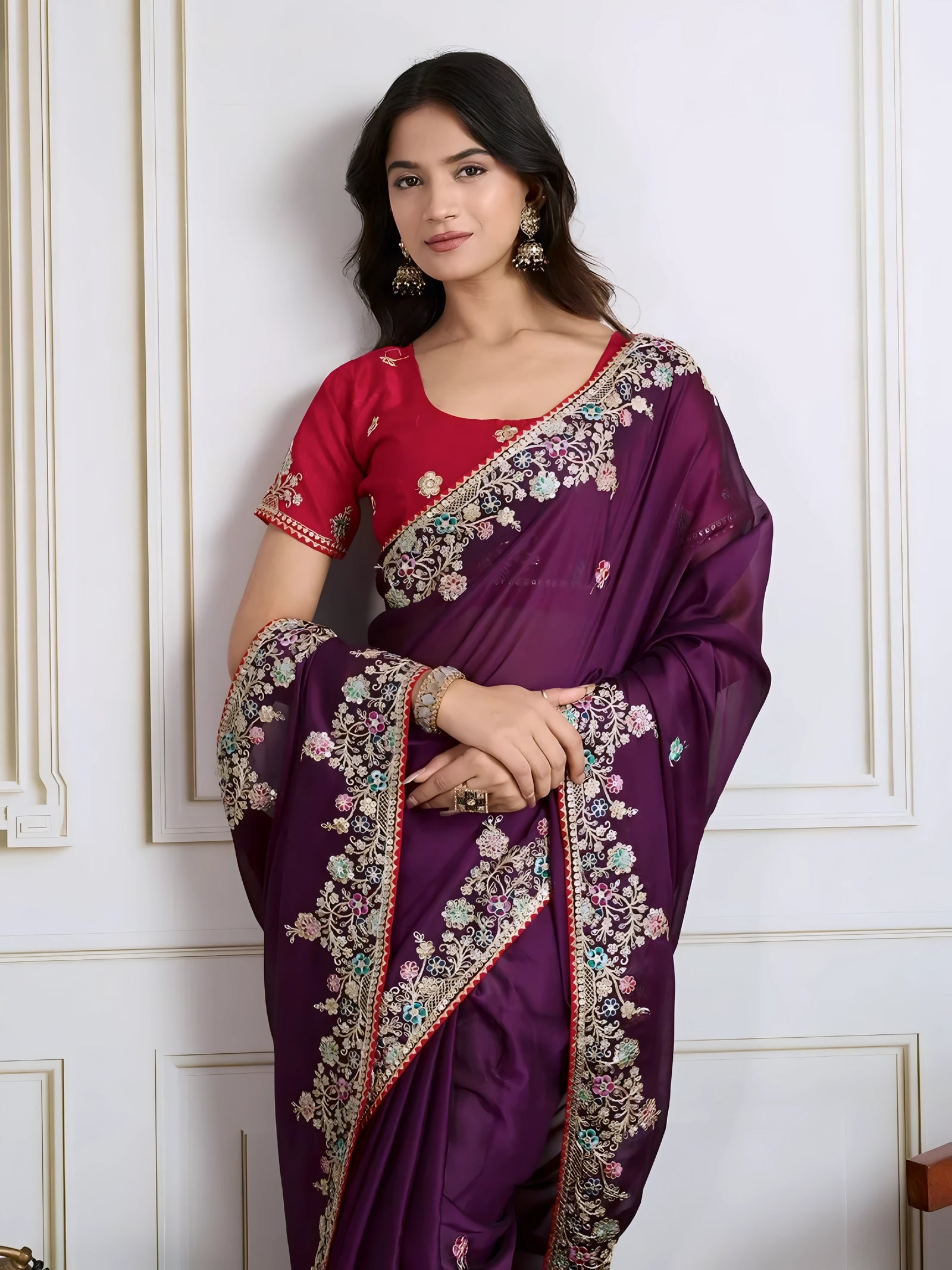 Purple Chiffon Saree Floral Embroidery