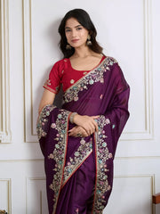 Purple Chiffon Saree Floral Embroidery