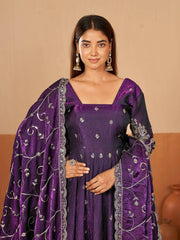 Purple Embroidered Codding Suit Anarkali model front view full length KU267