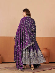 Purple Anarkali Silk Blend Suit model three quarter view with dupatta KU267