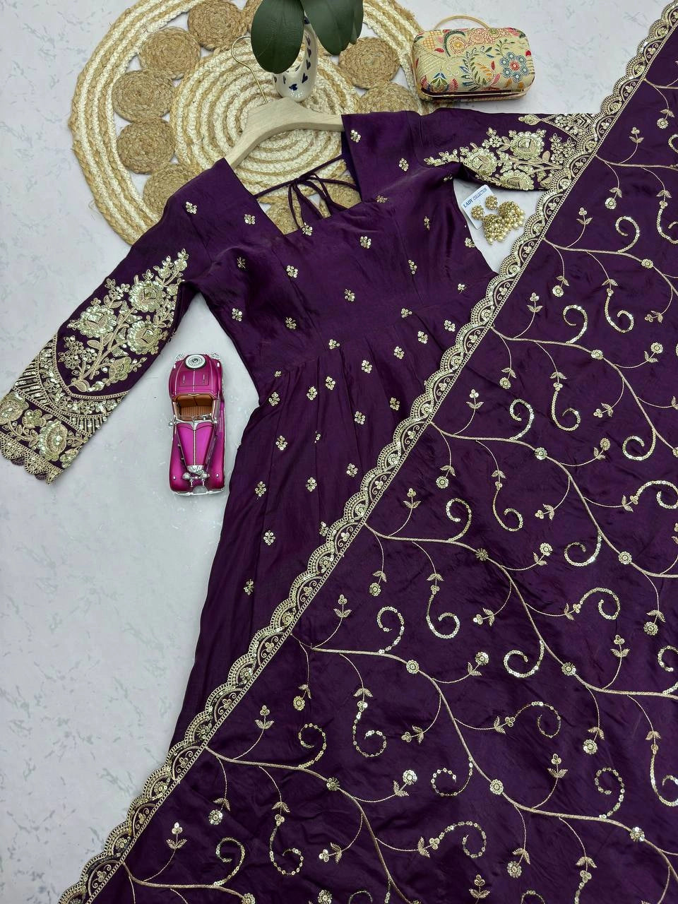 Purple Anarkali Suit flatlay hem codding embroidery close up KU267