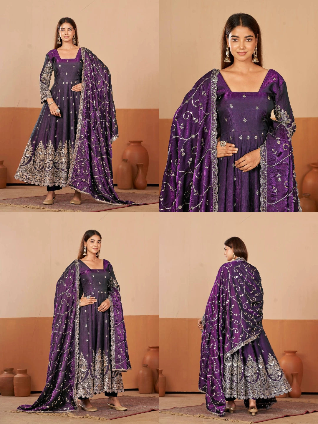 Purple Embroidered Suit complete three piece set flatlay KU267