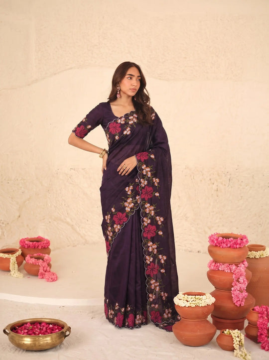 Purple Floral Embroidered Silk Saree with Scallop Border - Front Drape - Kalyanja KS163