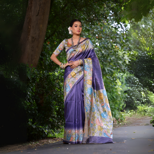 Purple Madhubani Printed Saree Floral Border Garden Pathway