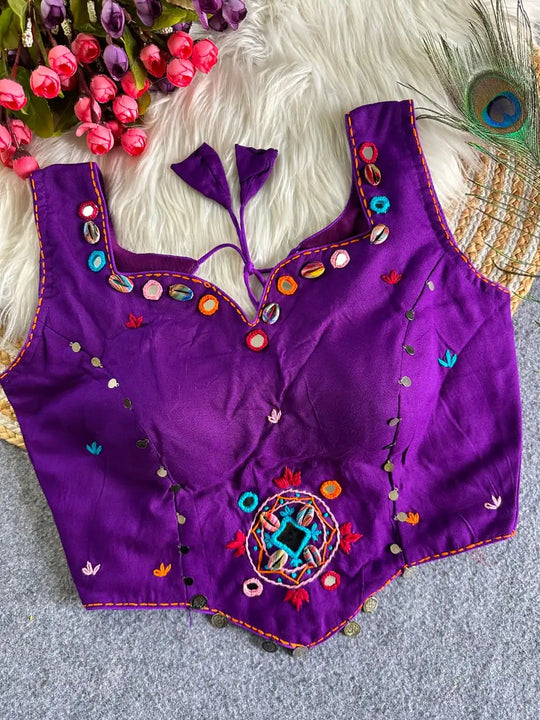 Purple Multi Thread Mirror Work Blouse – front flat lay showing sweetheart neckline with cowrie shells and mirror embellishments