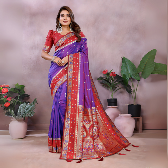 Purple Zari Woven Kalamkari Silk Saree