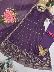 Purple Sequins Embroidered Suit Front View – Crunchy Silk Blend | Kalyanja KU309