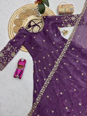Purple Sequins Embroidered Suit Side View Showing Straight Pant