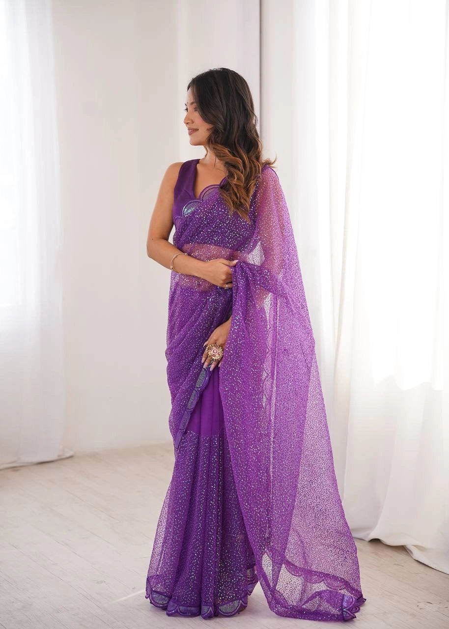 Purple Sequins Embroidered Saree – Side Profile View