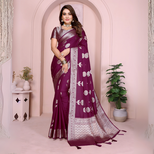 Wine Zari Weaving Soft Georgette Silk Banarasi Saree