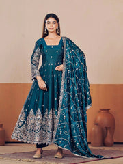 Rama Blue Embroidered Codding Suit Anarkali model front view full length KU267