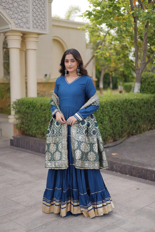 Rama Blue Gota Patti Anarkali Suit best front view model Rayon Blend KU288