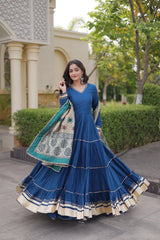Rama Blue Anarkali Suit full length showing gota patti bands on tiered layers