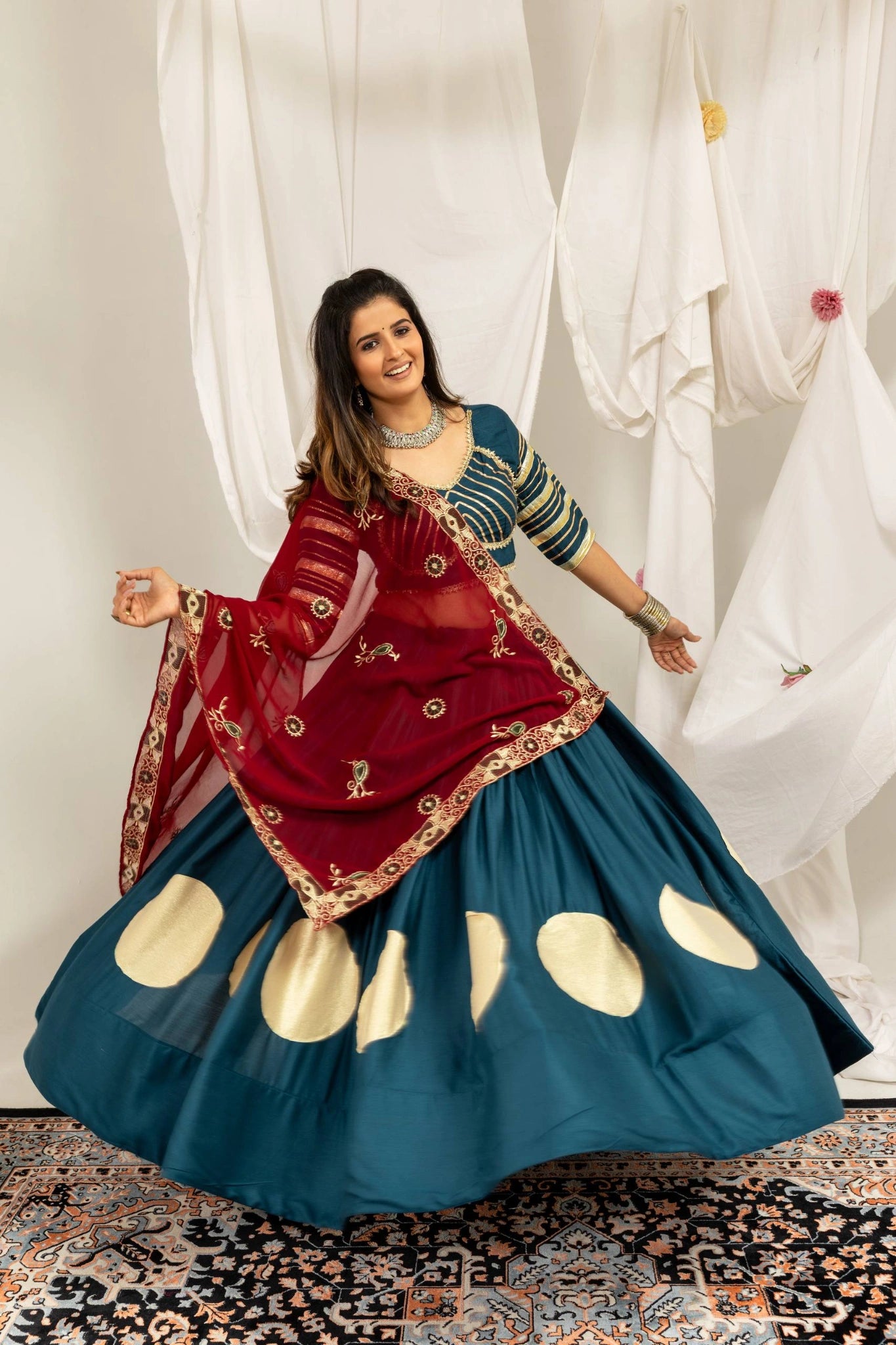 Rama Blue Gota Work Lehenga Full Front Flair View – KL202 – Kalyanja
