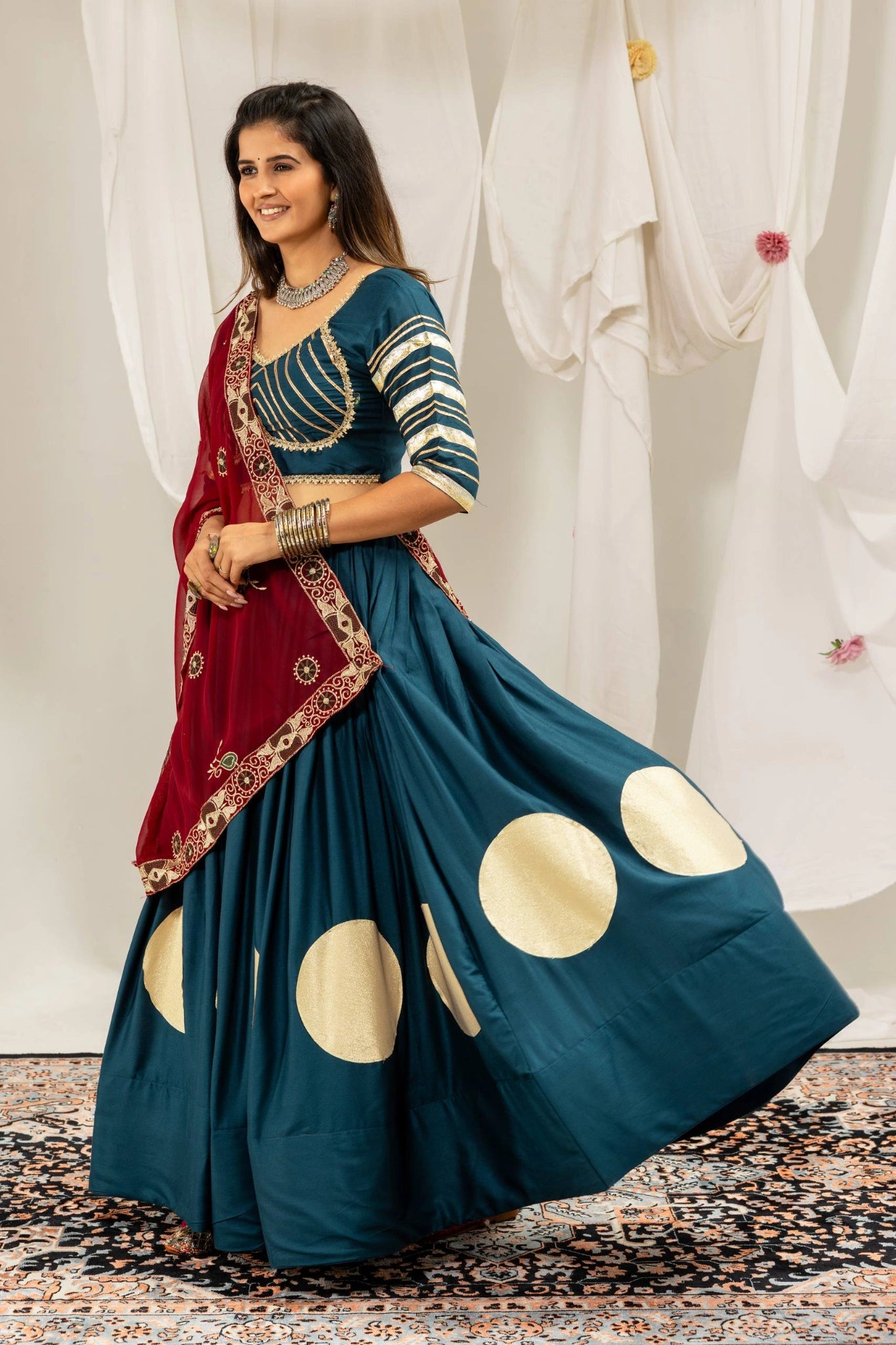 Rama Blue Gota Work Lehenga Dupatta Drape View – KL202 – Kalyanja